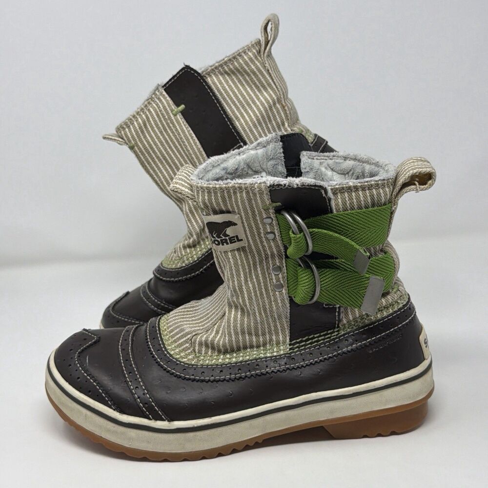 Sorel Tivoli Slip NL1644-231 Brown Green Stripe Waterproof Snow Boots Women 7